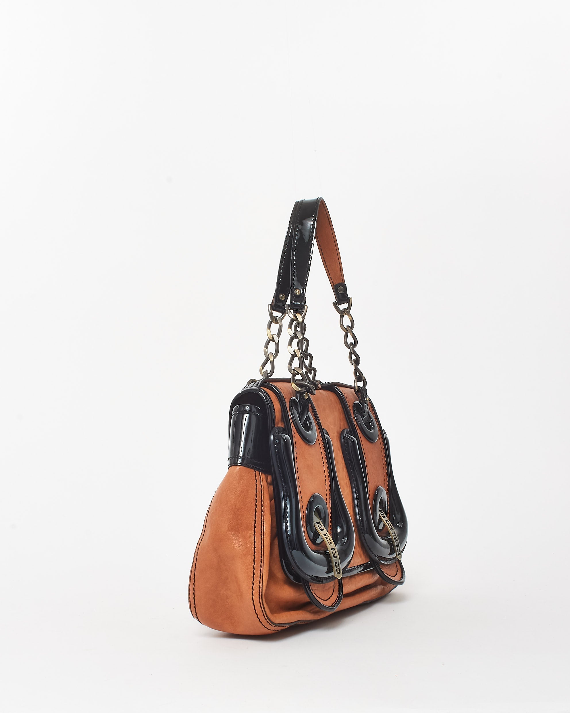Fendi Vintage Brown Leather & Black Patent Leather Buckle B Bag Shoulder Bag