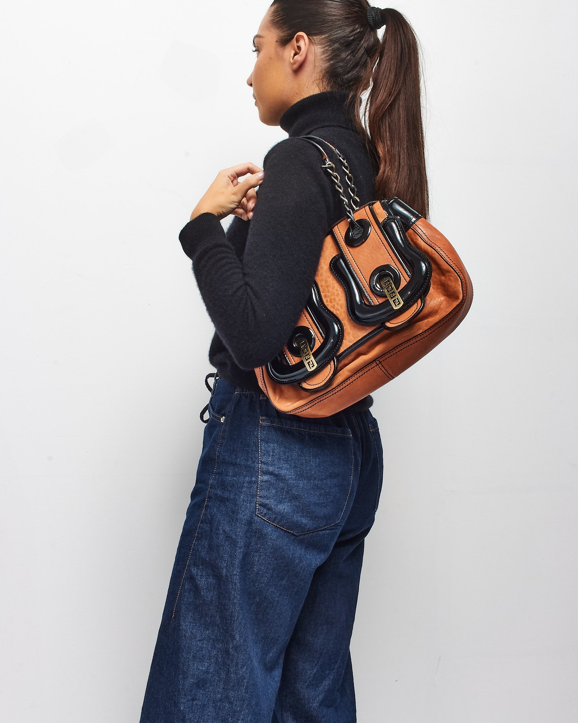 Fendi Vintage Brown Leather & Black Patent Leather Buckle B Bag Shoulder Bag