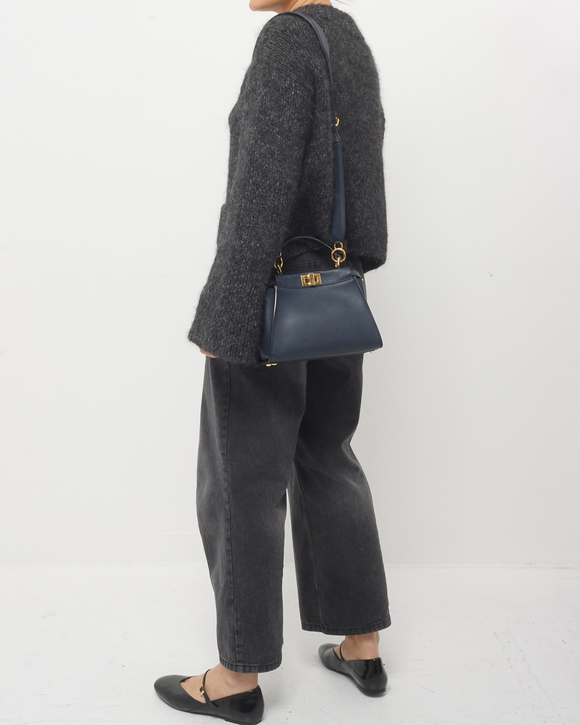 Fendi Dark Navy Leather & Zucchino Interior Mini Peekaboo Bag
