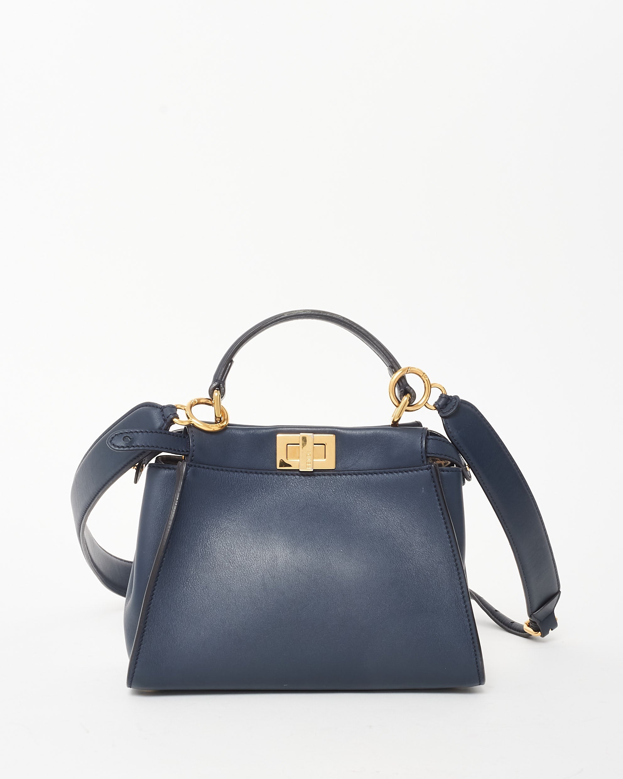 Fendi Dark Navy Leather & Zucchino Interior Mini Peekaboo Bag