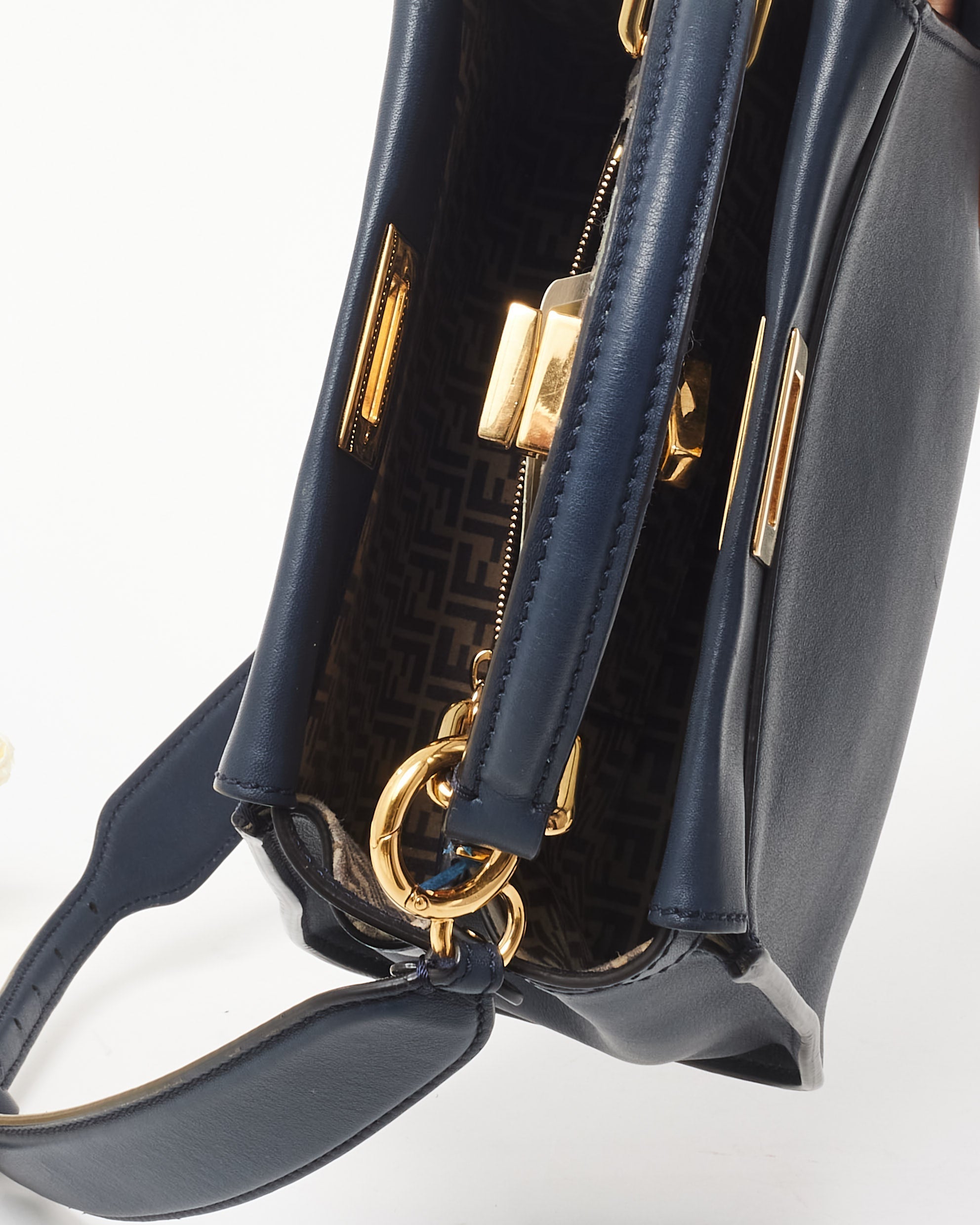 Fendi Dark Navy Leather & Zucchino Interior Mini Peekaboo Bag