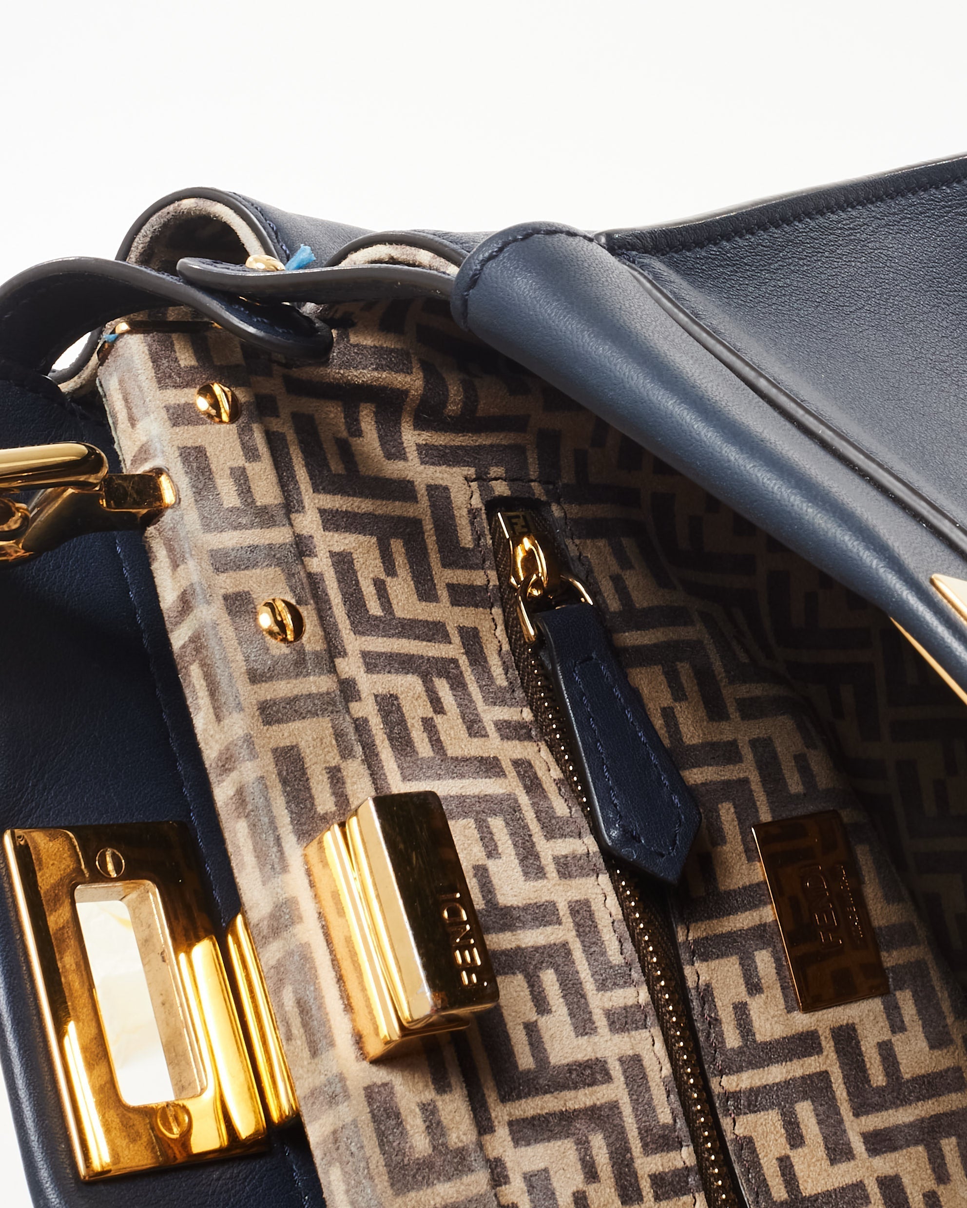 Fendi Dark Navy Leather & Zucchino Interior Mini Peekaboo Bag