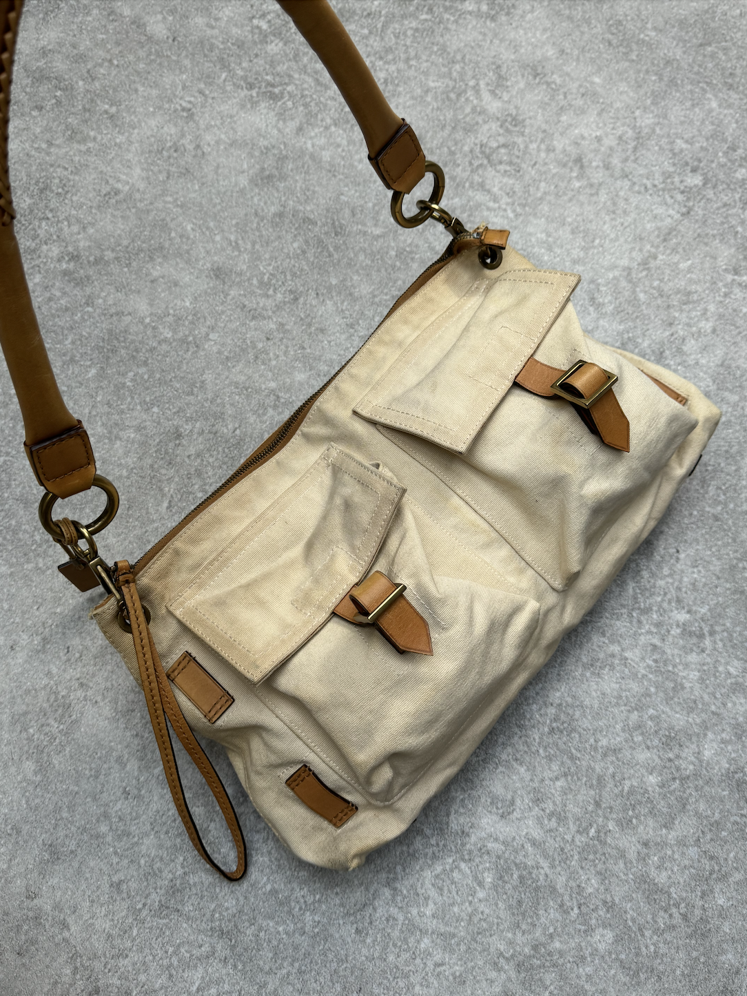 Gucci Multi Pockets Canvas Leather Shoulder Bag / One Size / Brown