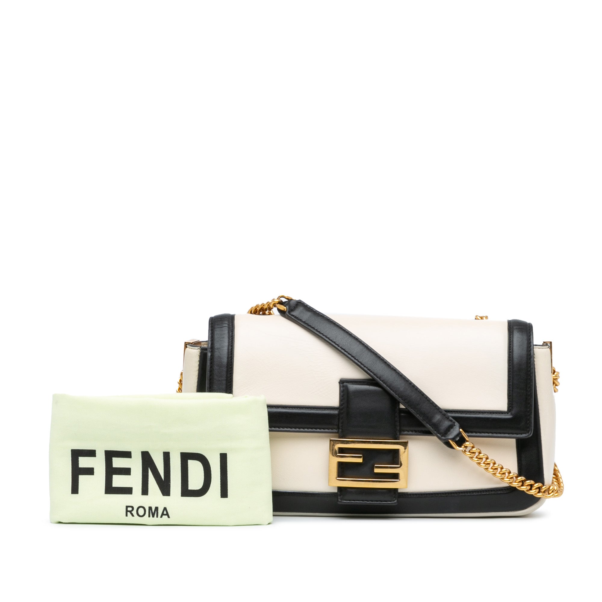 White Fendi Bicolor Leather Chain Baguette Shoulder Bag
