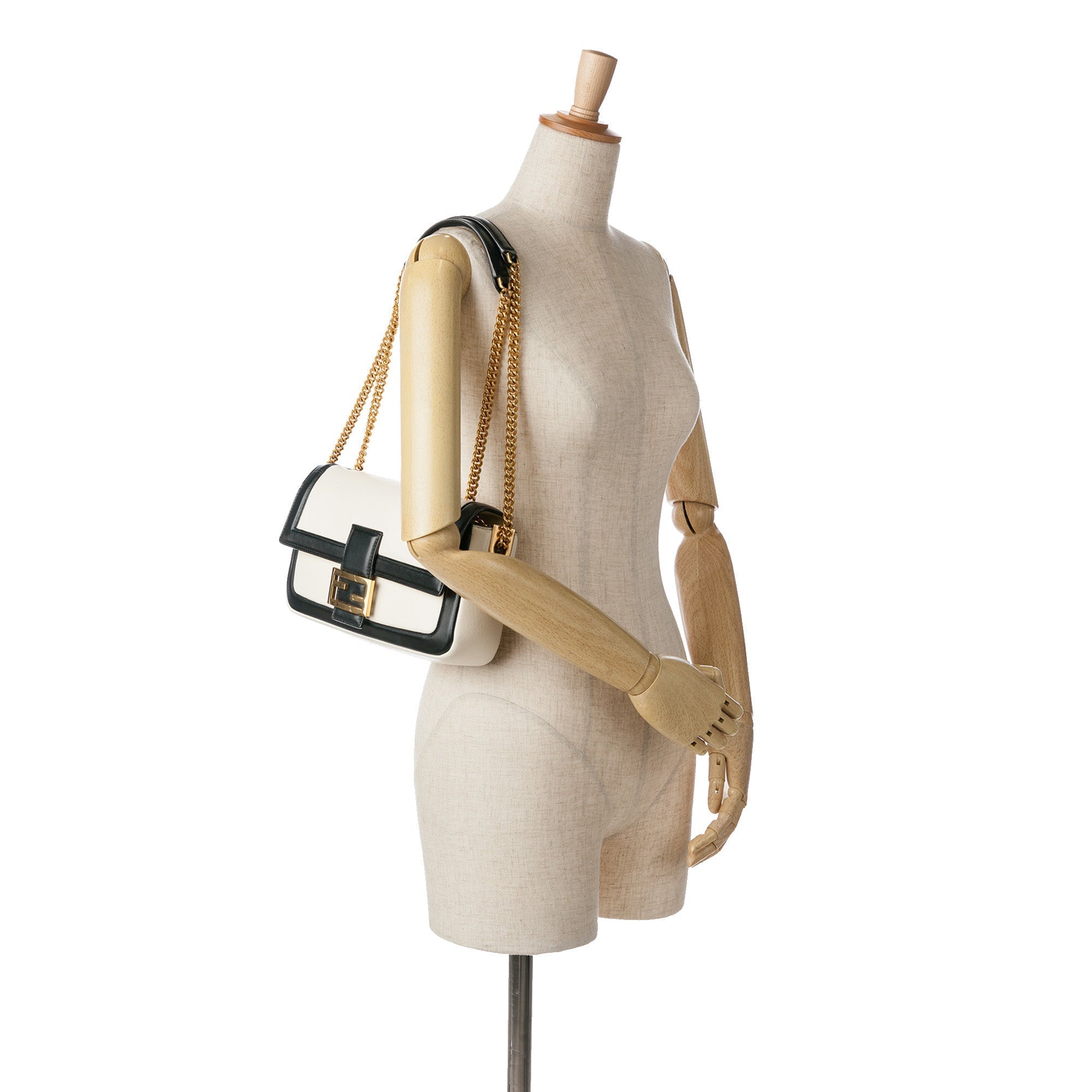 White Fendi Bicolor Leather Chain Baguette Shoulder Bag