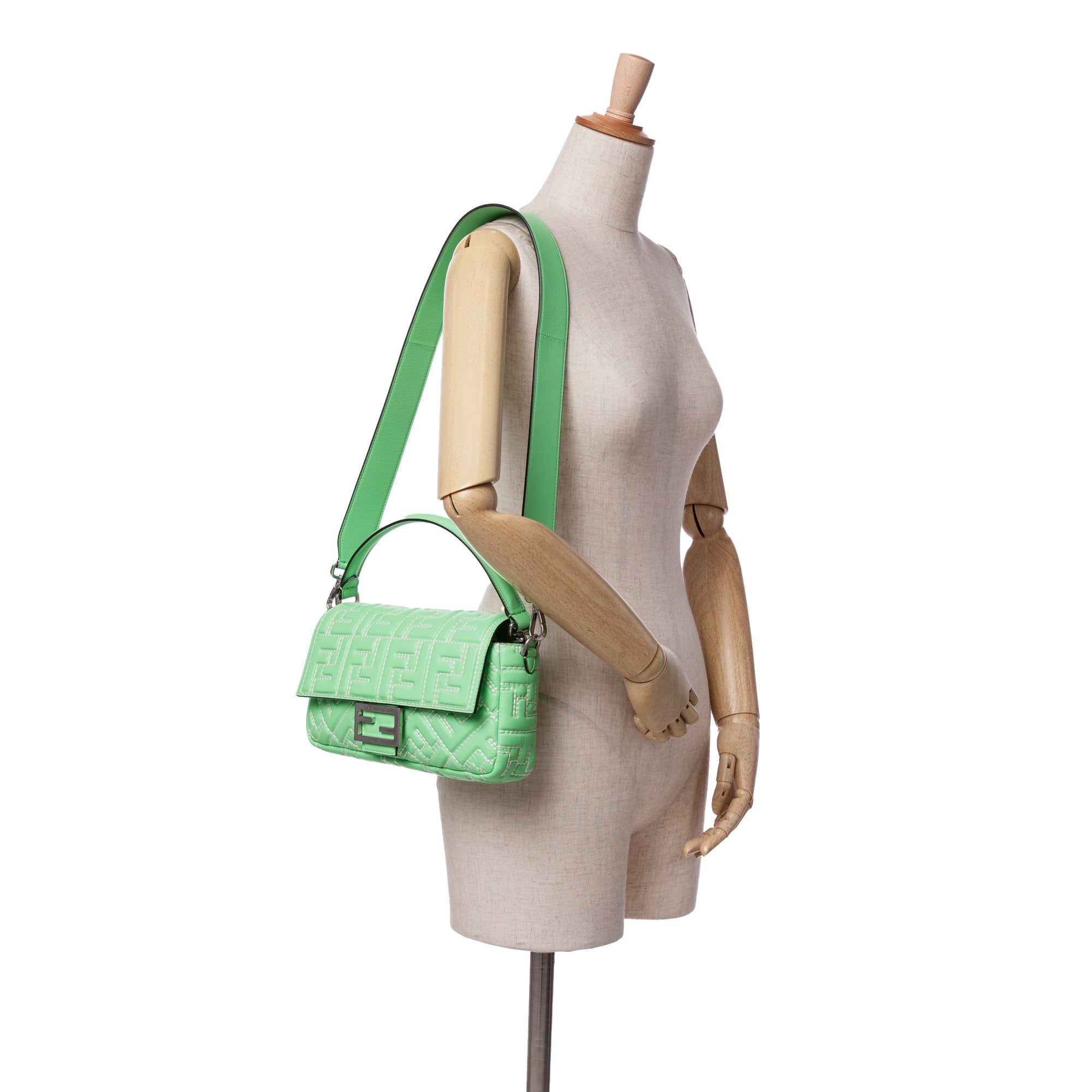 Green Fendi Zucca Embossed Stitched Leather Baguette Satchel