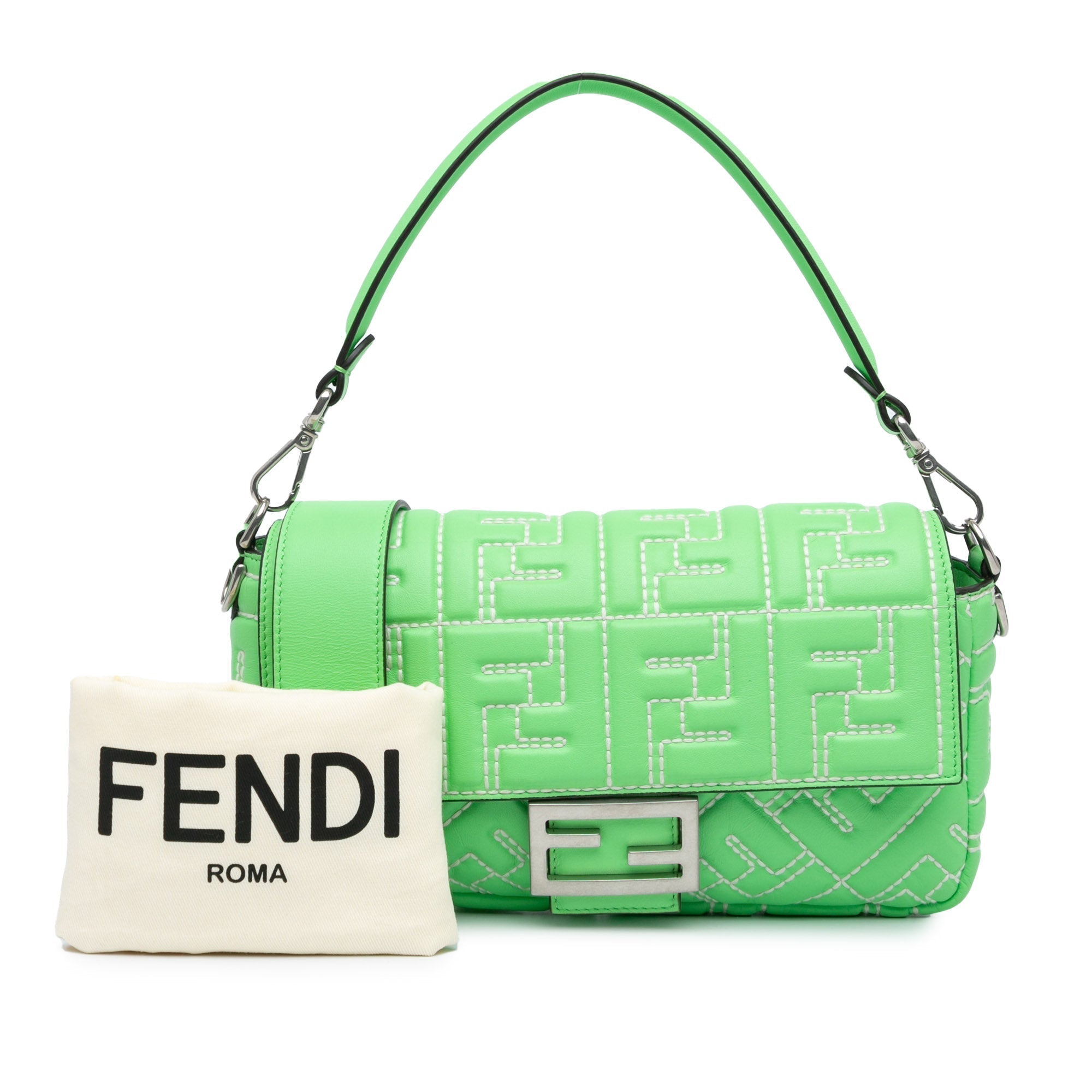 Green Fendi Zucca Embossed Stitched Leather Baguette Satchel