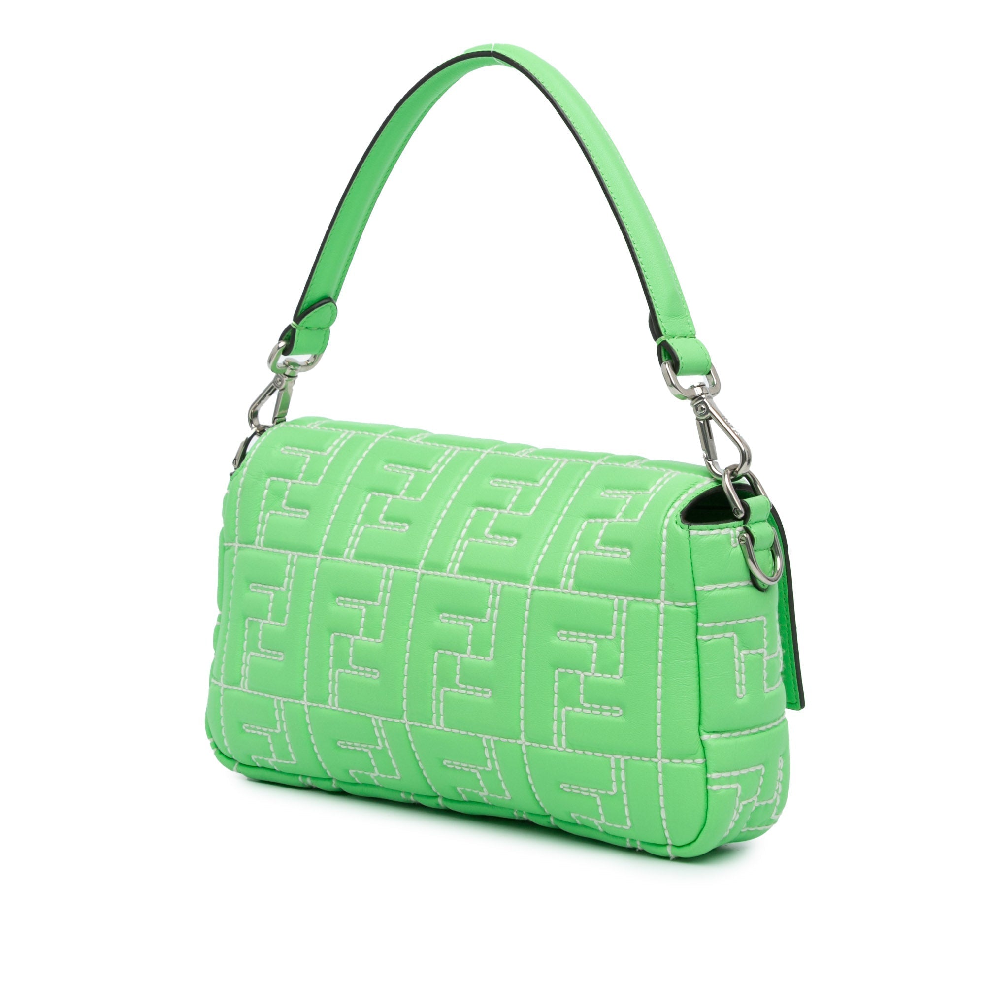 Green Fendi Zucca Embossed Stitched Leather Baguette Satchel