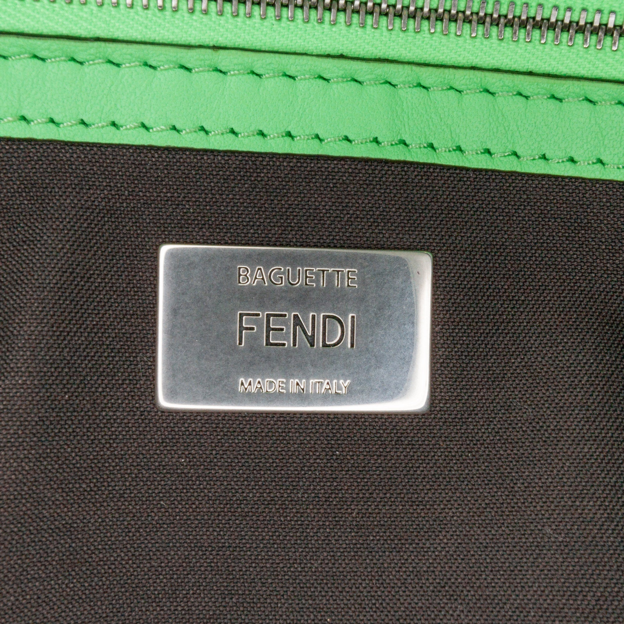 Green Fendi Zucca Embossed Stitched Leather Baguette Satchel