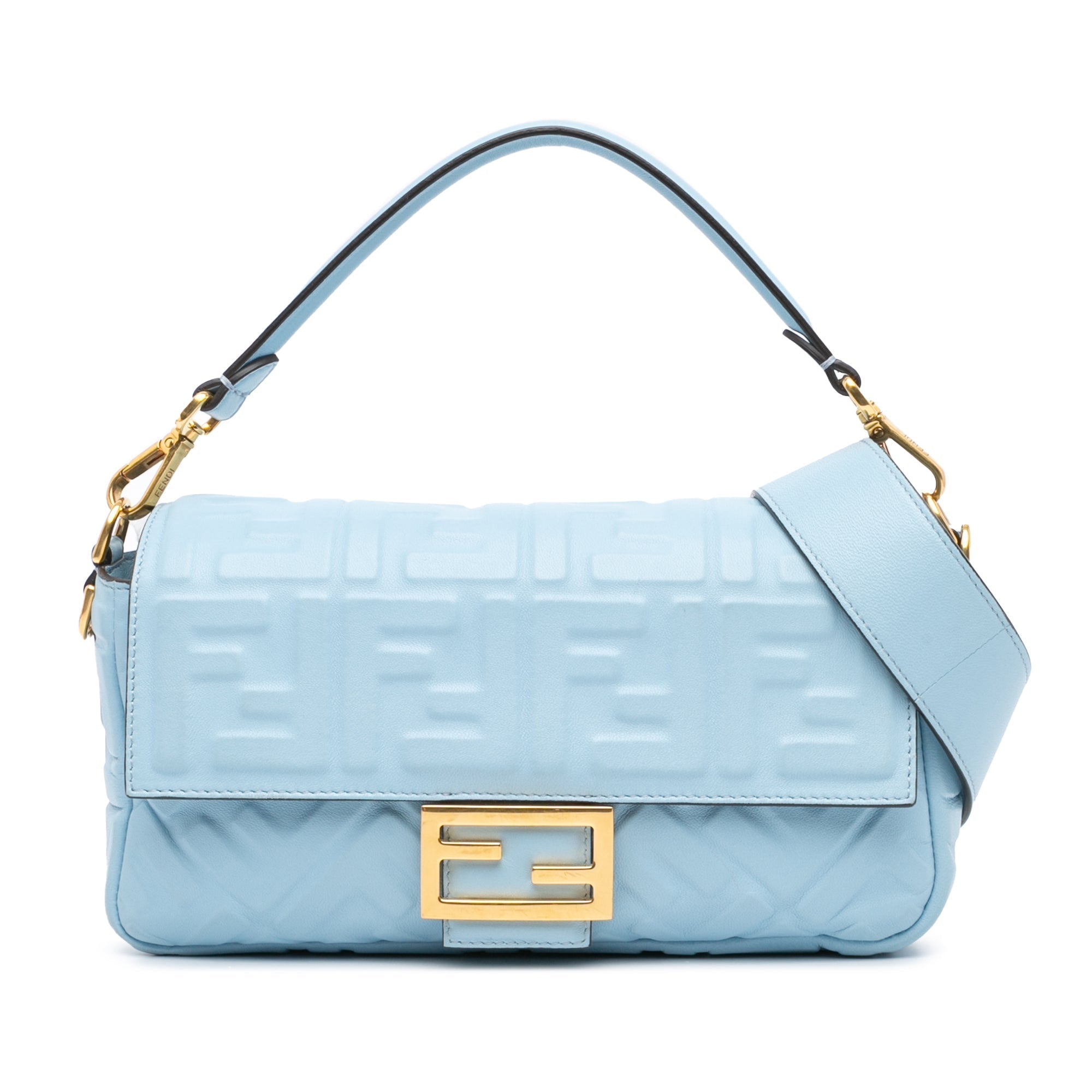 Blue Fendi Zucca Embossed Leather Baguette Satchel