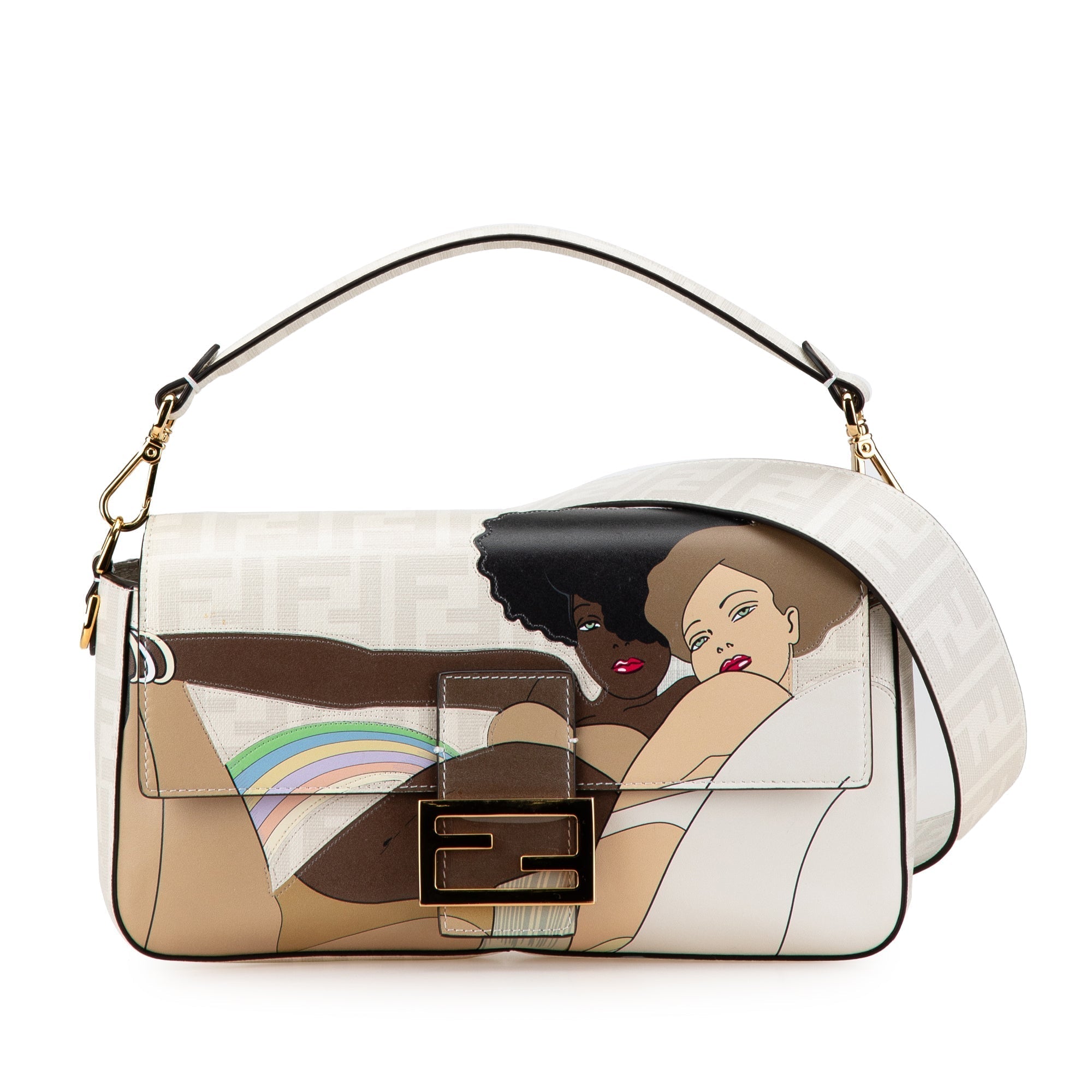 White Fendi Zucca Graphic Print Coated Canvas Bikini Girls Baguette Satchel