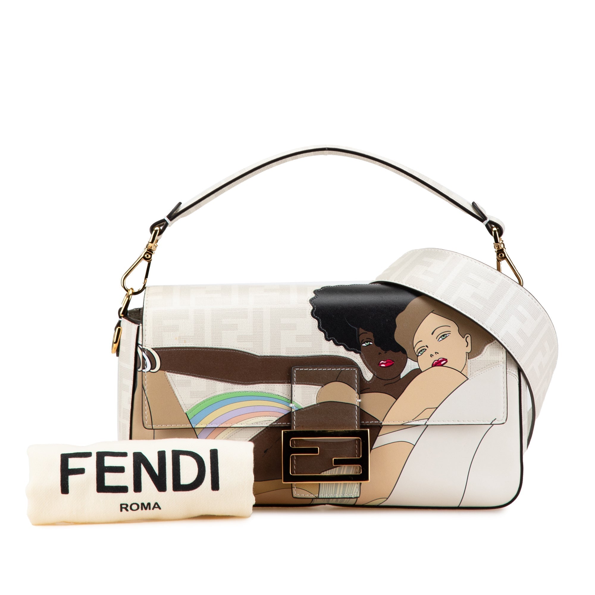 White Fendi Zucca Graphic Print Coated Canvas Bikini Girls Baguette Satchel