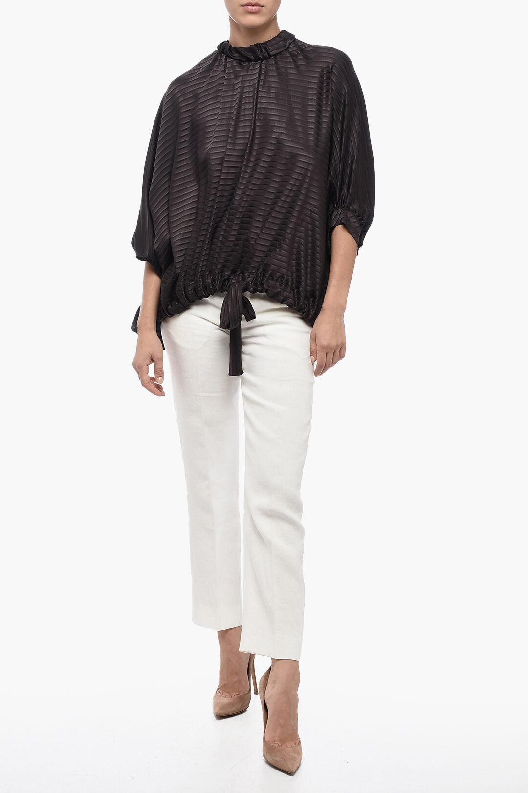 Fendi FRIEND OF FENDI Drawstringed DIAGONAL STRIP Silk Blouse 40 Italian size