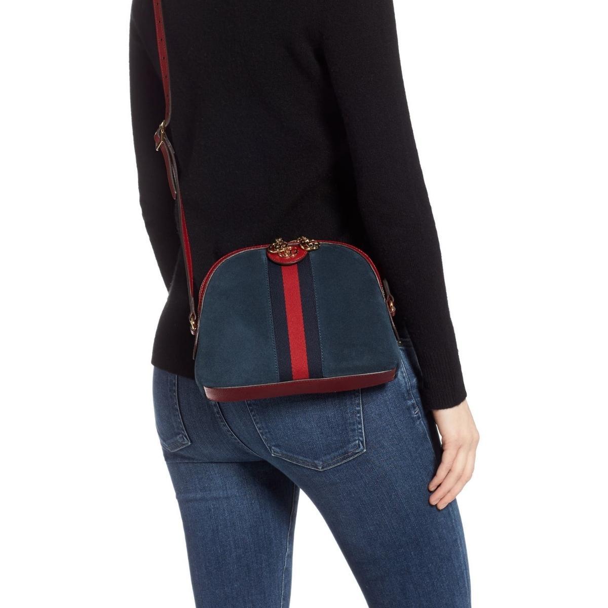 Navy Leather Suede Ophidia Shoulder Bag