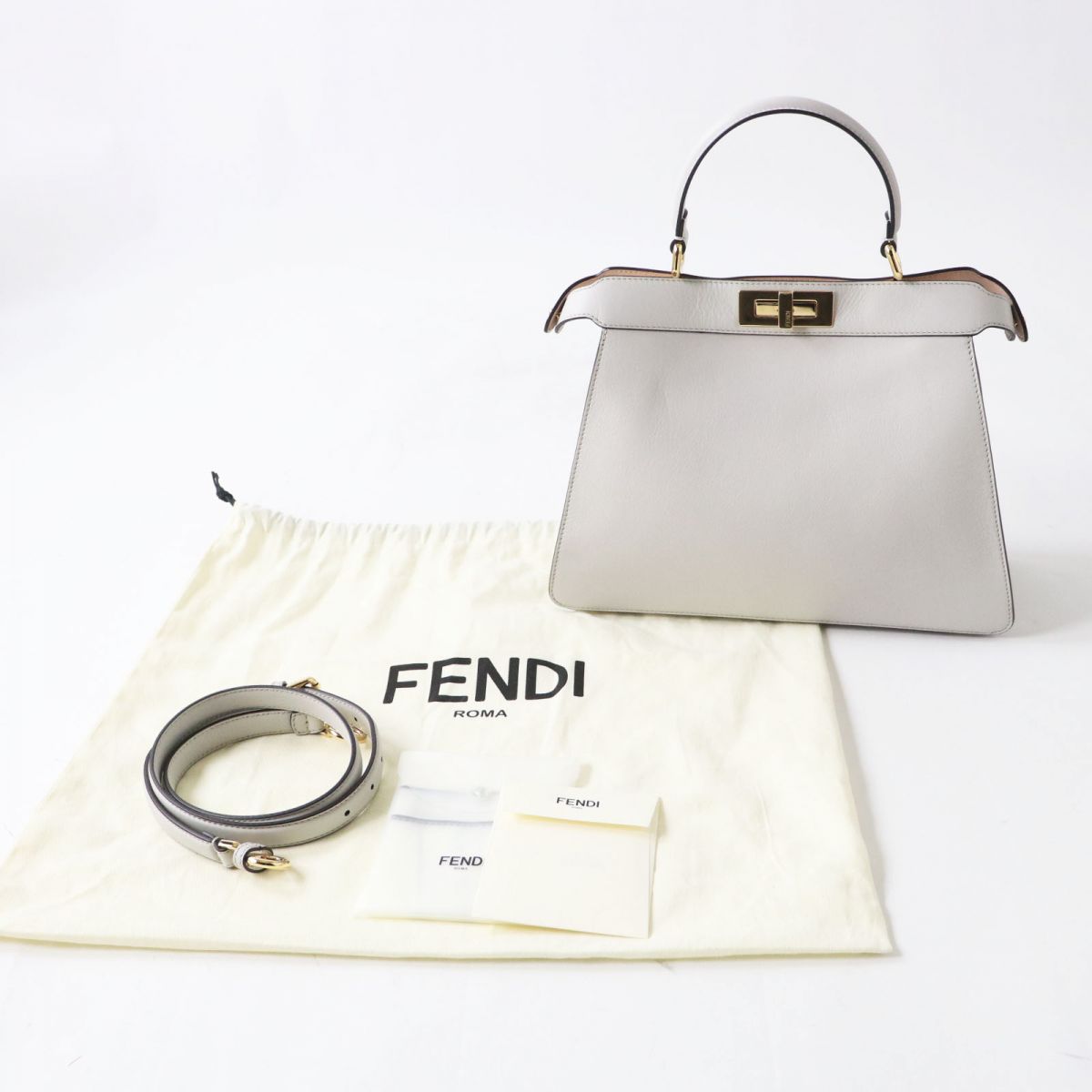 FENDI Shoulder Bag leather Light Gray x Gold Metal Women Used