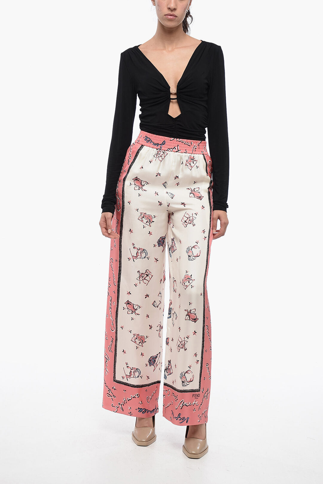 Fendi Printed Silk KISSED Palazzo Pants