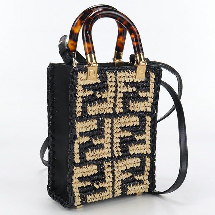 FENDI 8BS051 AKMS F1E1C Handbag sunshine shopper mini 2WAY bag Raffia,leather black Women
