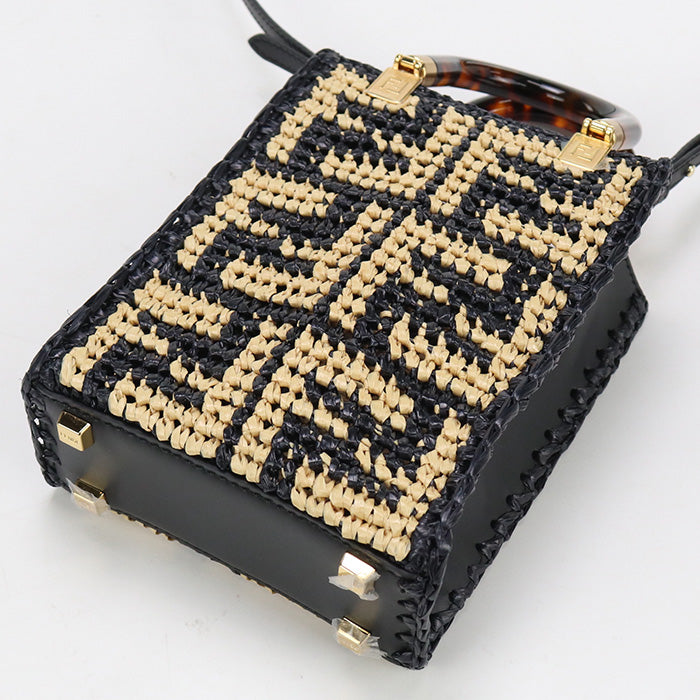 FENDI 8BS051 AKMS F1E1C Handbag sunshine shopper mini 2WAY bag Raffia,leather black Women