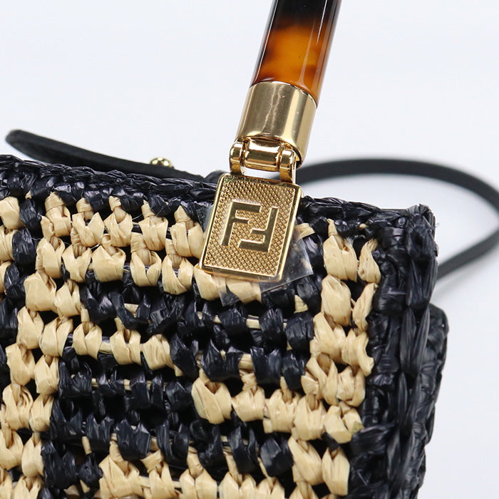 FENDI 8BS051 AKMS F1E1C Handbag sunshine shopper mini 2WAY bag Raffia,leather black Women