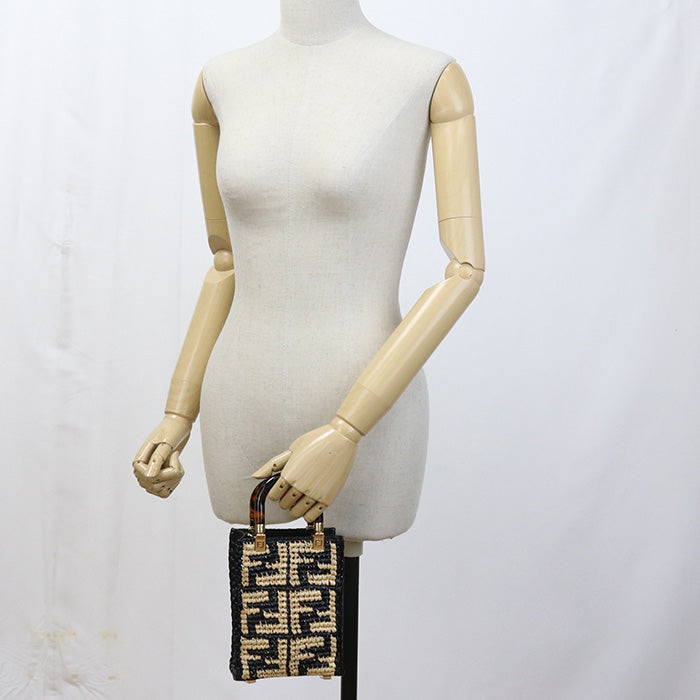 FENDI 8BS051 AKMS F1E1C Handbag sunshine shopper mini 2WAY bag Raffia,leather black Women