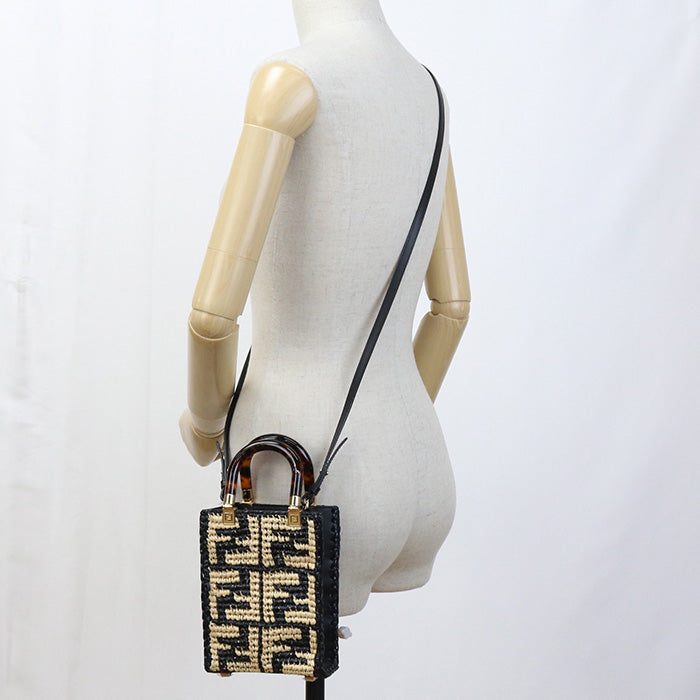 FENDI 8BS051 AKMS F1E1C Handbag sunshine shopper mini 2WAY bag Raffia,leather black Women